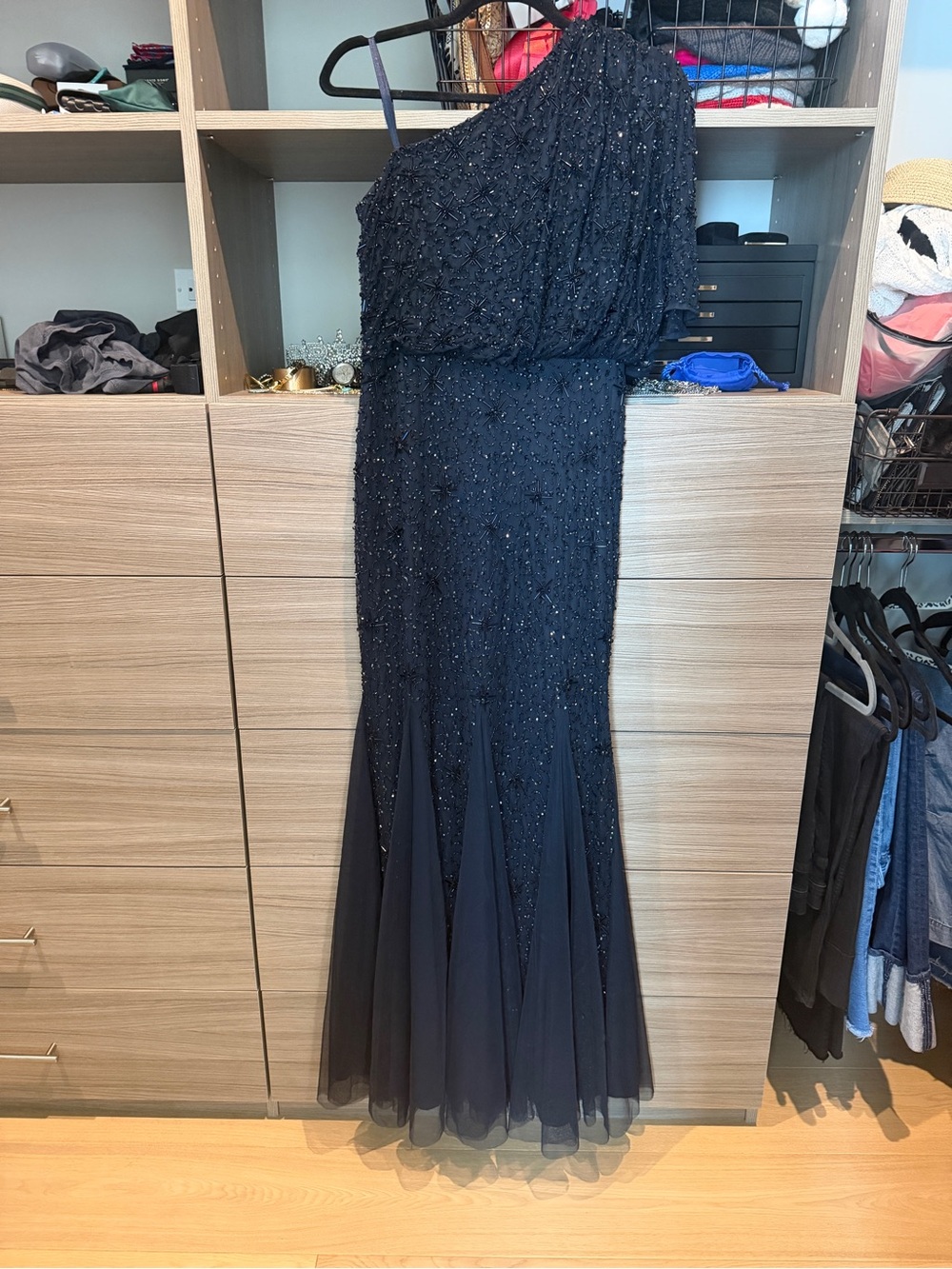 Adrianna Papell One-Shoulder Black Sunburst Beaded Evening Gown